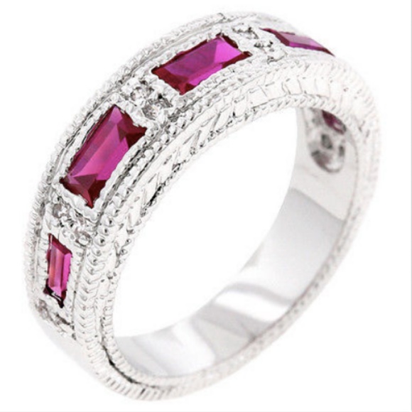 Silver Eternity Ring Art Deco Fuchsia Size 9 10 Pink Cubic Zirconia Rhodium - Picture 1 of 8